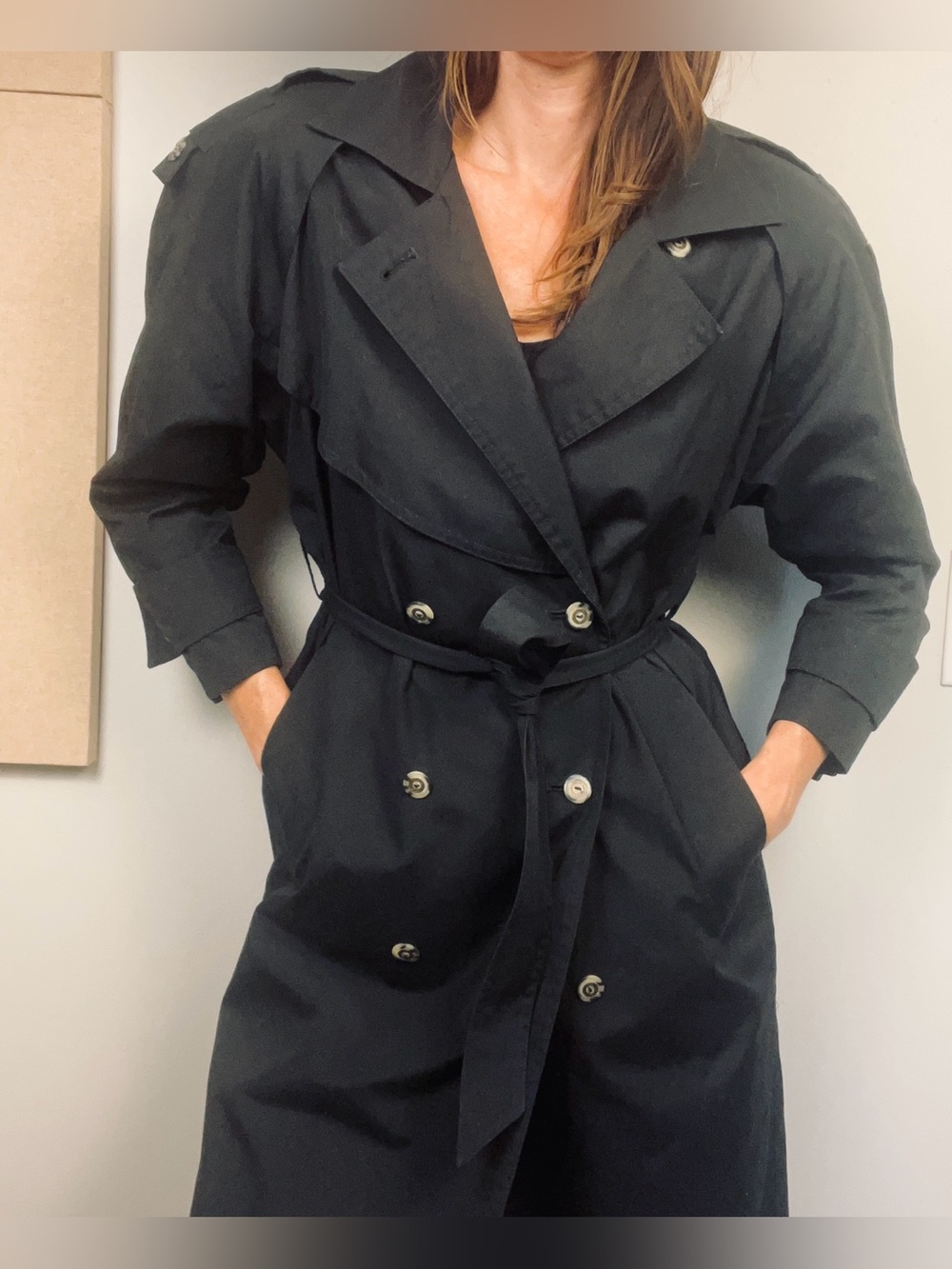 Vintage 80s/90s Double-Breasted Belted Black Trench Coat – S/M